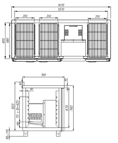 Стол морозильный CARBOMA T70 L3-1 9006-2 (3GN/LT) корпус серый, 3 двери с бортом
